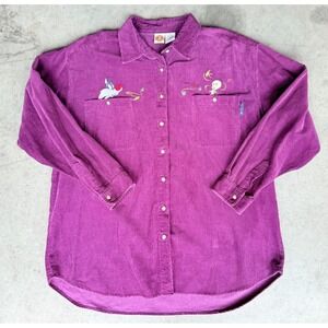 VTG Womens Sz XL Looney Tunes Purple Corduroy Embroidered Long Sleeve Shirt